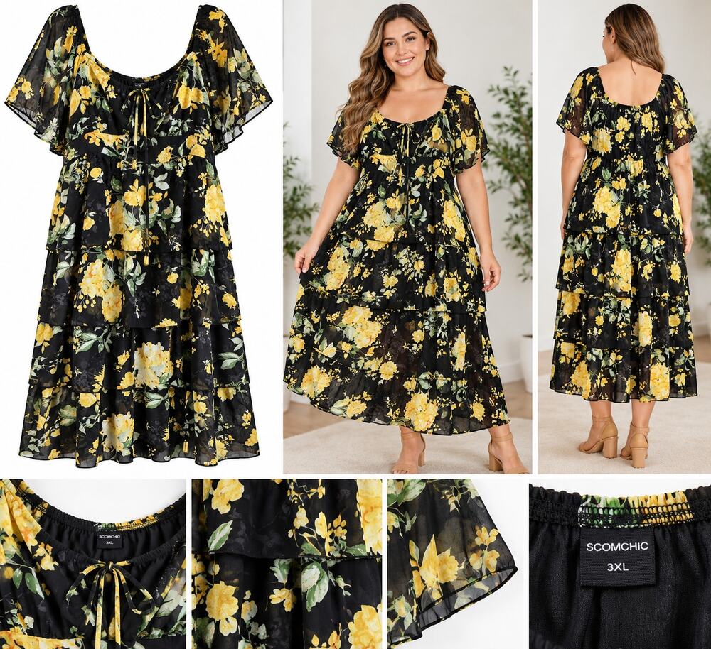 SCOMCHIC Women’s Plus Size 3XL Black & Yellow Floral Maxi Dress – NWT